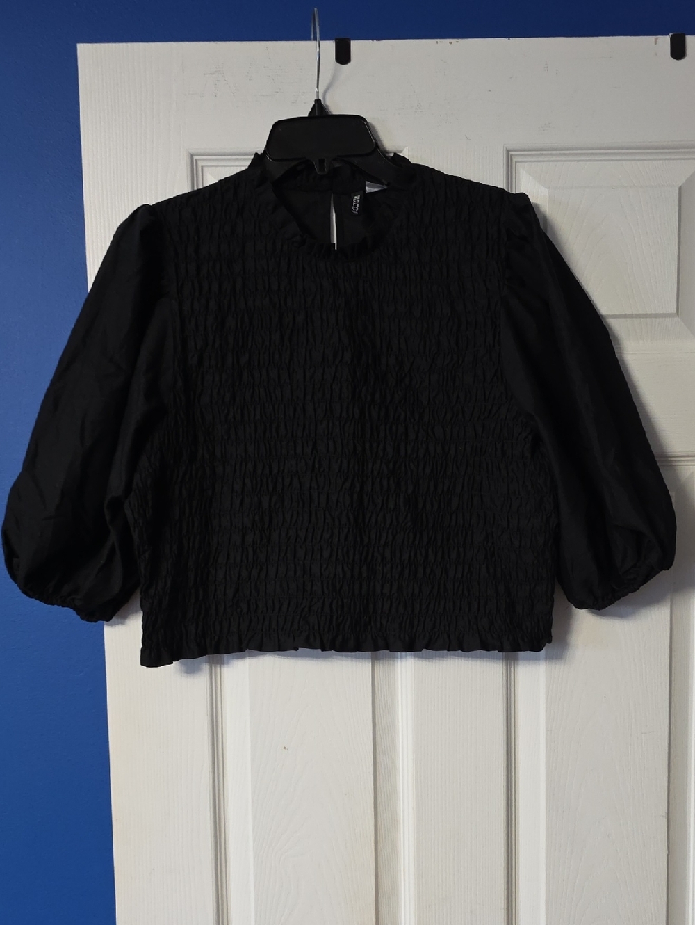 Divided Black Smocked Puff-Sleeve Blouse